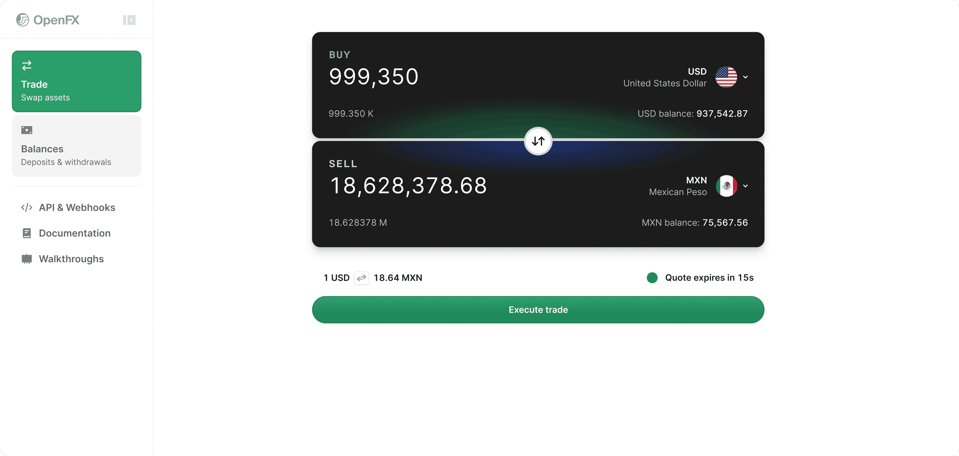 OpenCurrent trading interface.